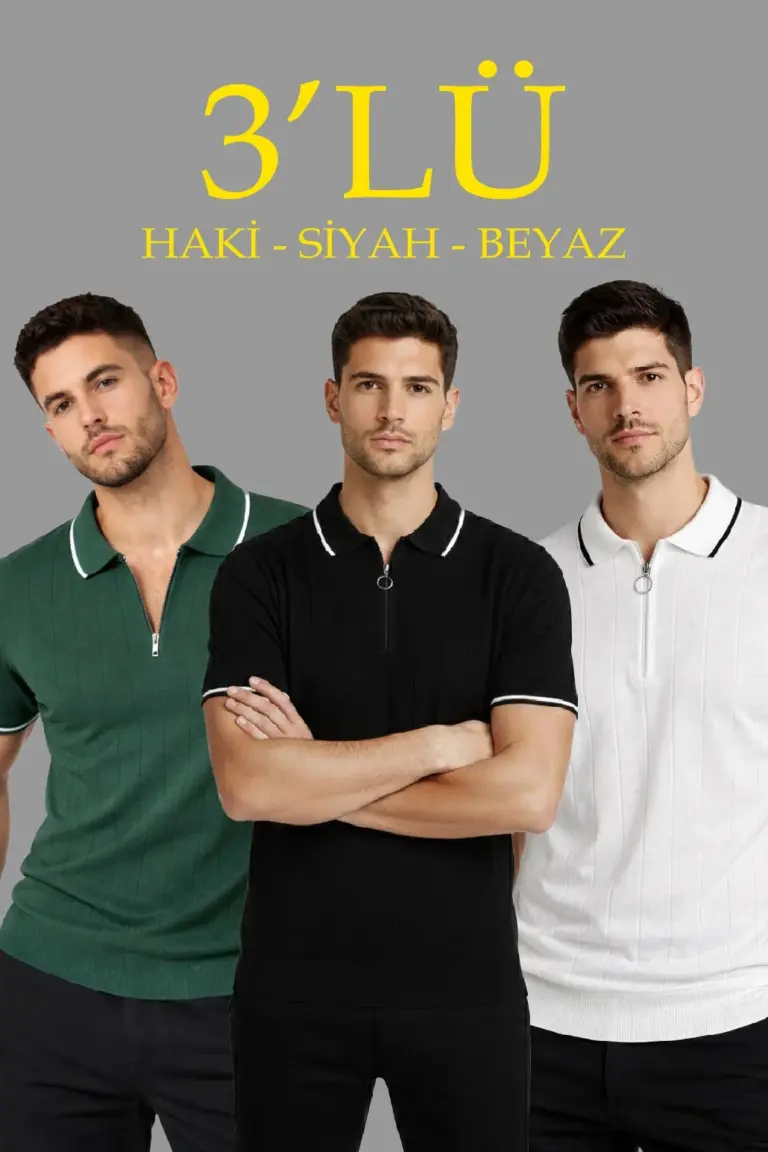 Triko Tişört Fermuarlı Polo Yaka Kısa Kol T-Shirt 3’lü Set Beyaz-Haki-Siyah