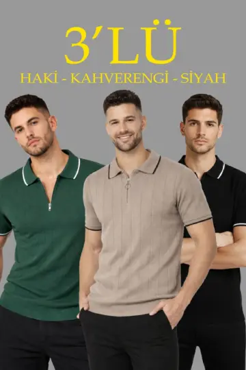 Triko Tişört Fermuarlı Polo Yaka Kısa Kol T-Shirt 3’lü Set Siyah-Kahve-Haki