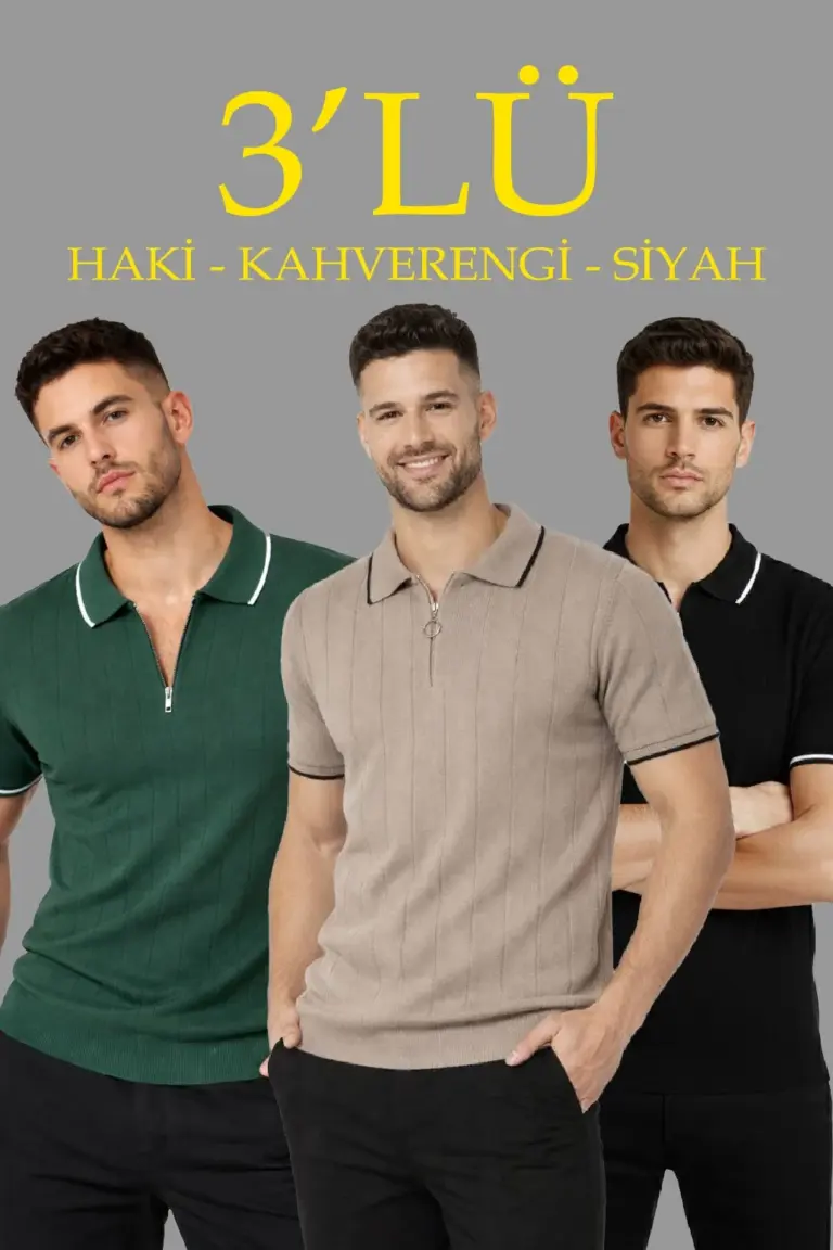 Triko Tişört Fermuarlı Polo Yaka Kısa Kol T-Shirt 3’lü Set Siyah-Kahve-Haki