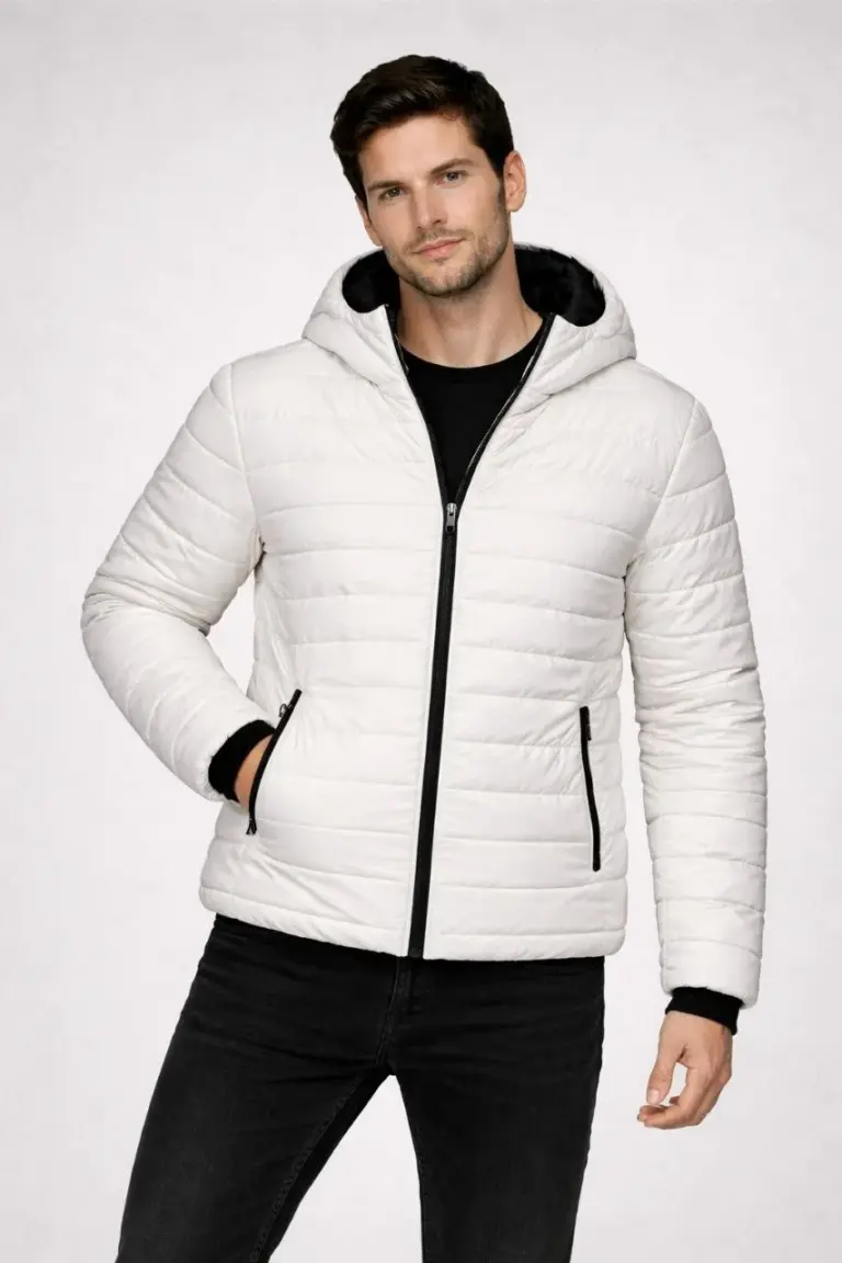 Şişme Kapüşonlu Fermuarlı Mont Su İtici Kapitone Cepli Ceket - Krem