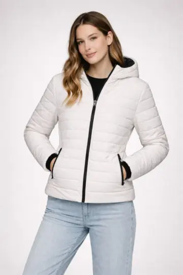 Şişme Kapüşonlu Fermuarlı Mont Su İtici Kapitone Cepli Ceket - Krem