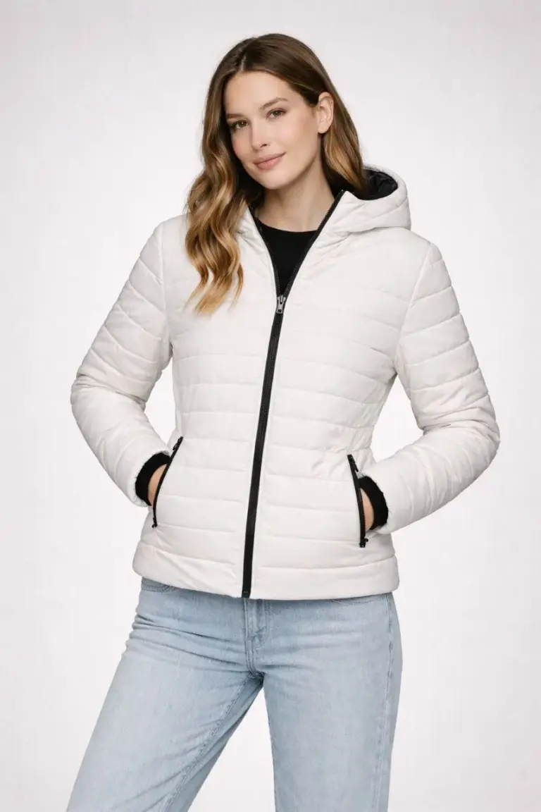 Şişme Kapüşonlu Fermuarlı Mont Su İtici Kapitone Cepli Ceket - Krem