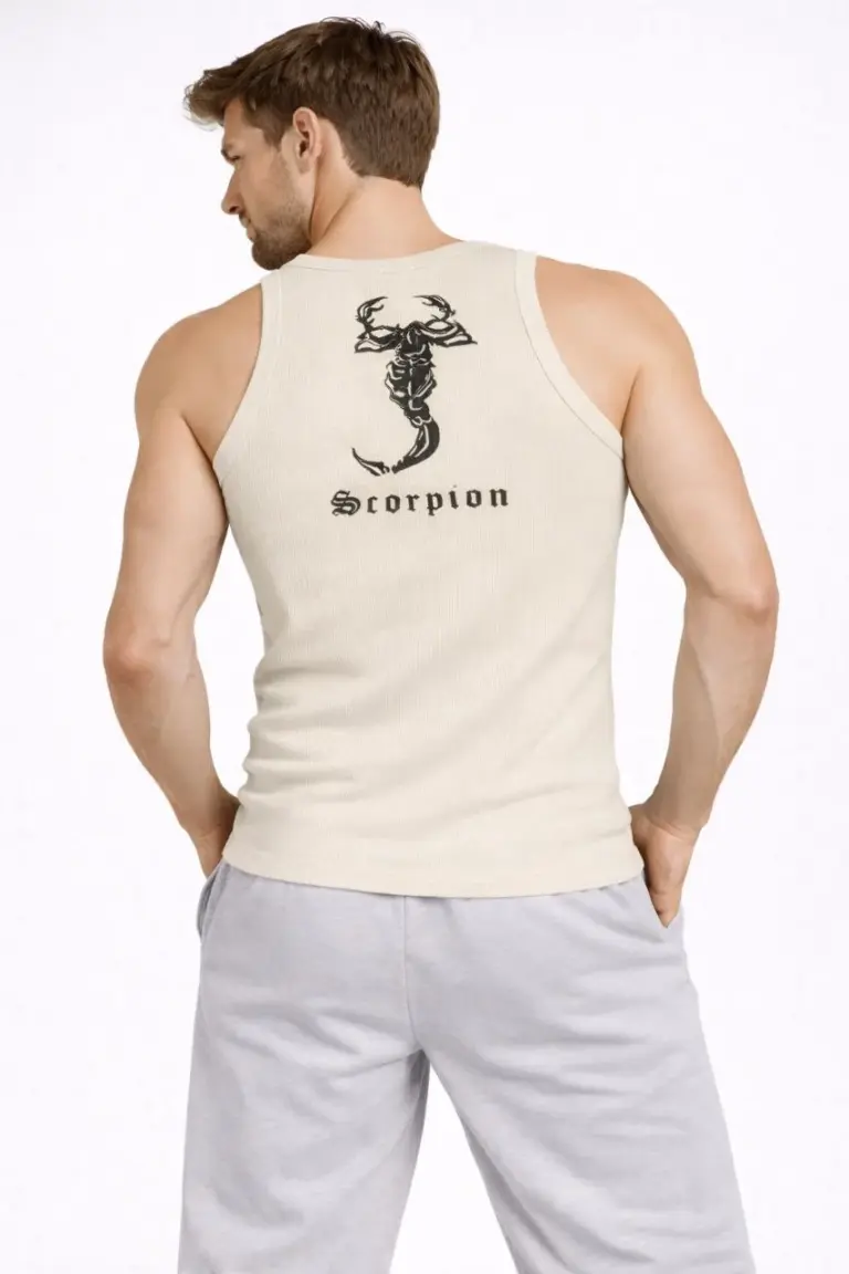 Fitilli Atlet Sıfır Yaka Slim Fit Arka Baskılı Spor Atlet - Krem