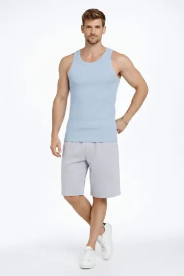 Fitilli Atlet Sıfır Yaka Slim Fit Arka Baskılı Spor Atlet - Bebek Mavisi