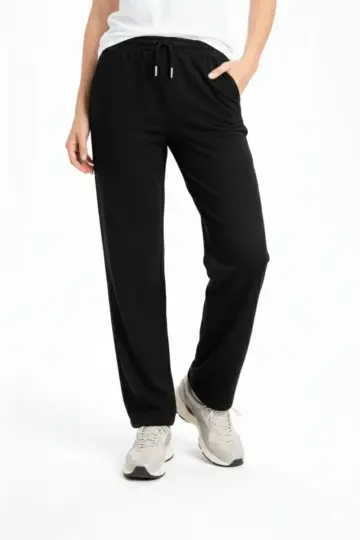 Düz Paça Beli Lastikli Eşofman Altı Pantolon - Siyah