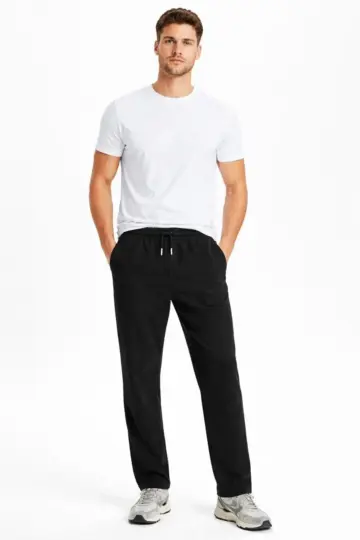 Düz Paça Beli Lastikli Eşofman Altı Pantolon - Siyah