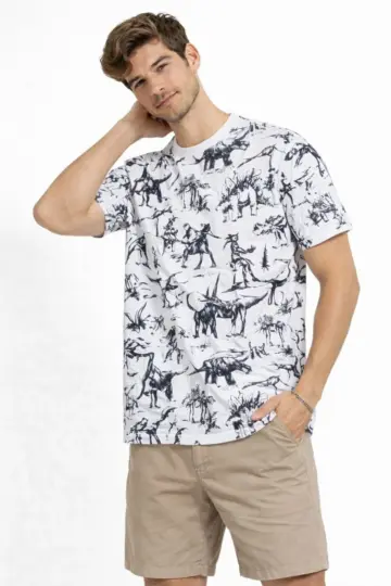 Dinozor Dijıtal ön ve arka Baskılı Tişört Bisiklet Yaka T-Shirt - Beyaz