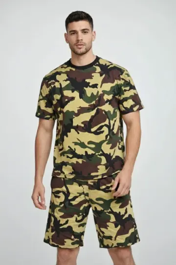 Kamuflaj Desenli Tişört Şort Takım Regular Fit Spor 2’li - Kamuflaj