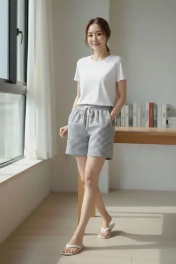 Pötikareli Şort Beli Lastikli Bağcıklı Cepli Kesim Şort - Füme