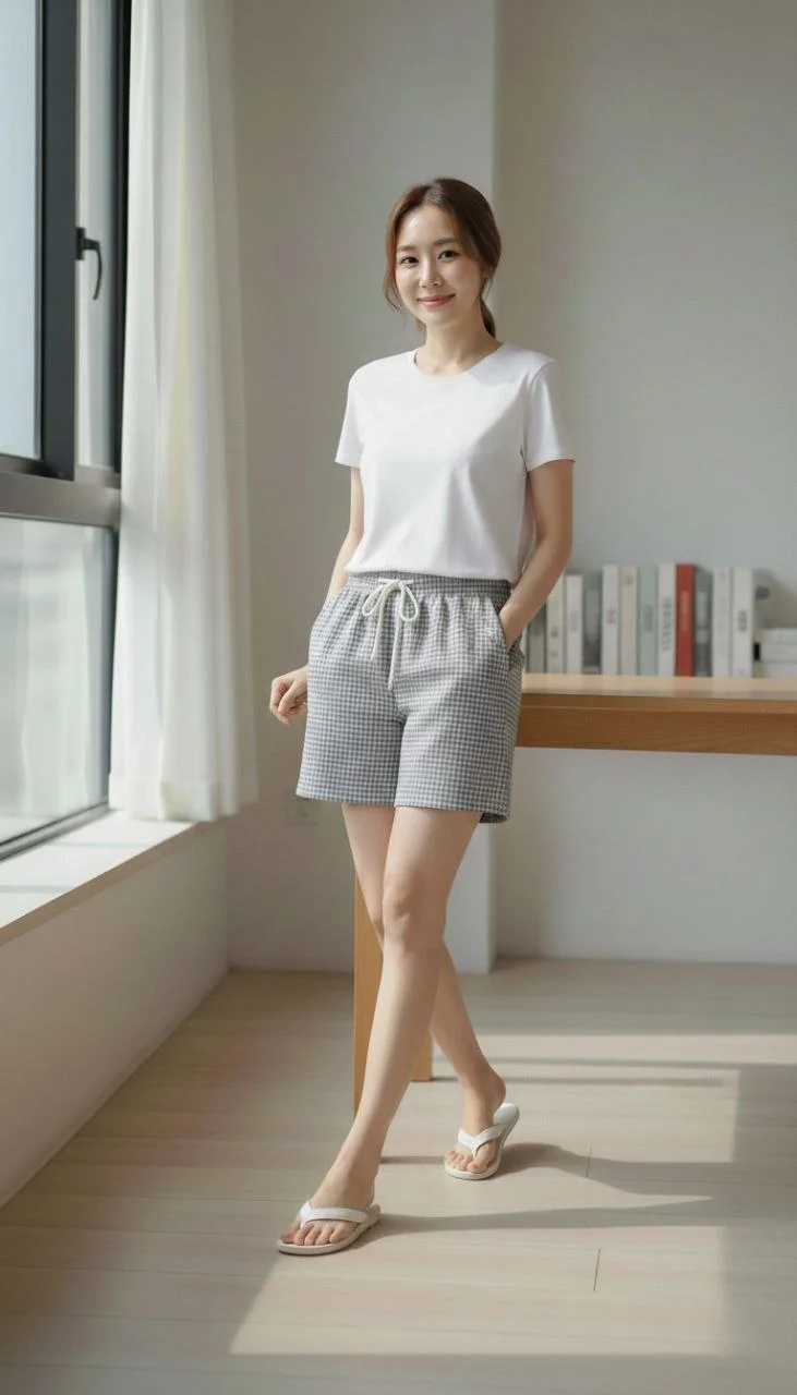 Pötikareli Şort Beli Lastikli Bağcıklı Cepli Kesim Şort - Füme