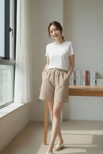 Pötikareli Şort Beli Lastikli Bağcıklı Cepli Kesim Şort - Bej