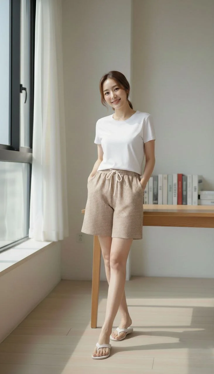 Pötikareli Şort Beli Lastikli Bağcıklı Cepli Kesim Şort - Bej