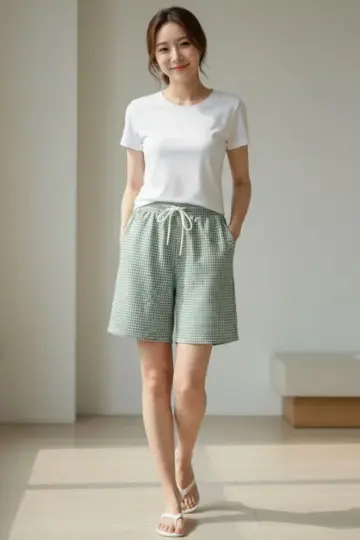 Pötikareli Şort Beli Lastikli Bağcıklı Cepli Kesim Şort - Mint Yeşili