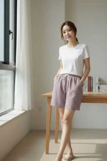 Pötikareli Şort Beli Lastikli Bağcıklı Cepli Kesim Şort - Gül Kurusu