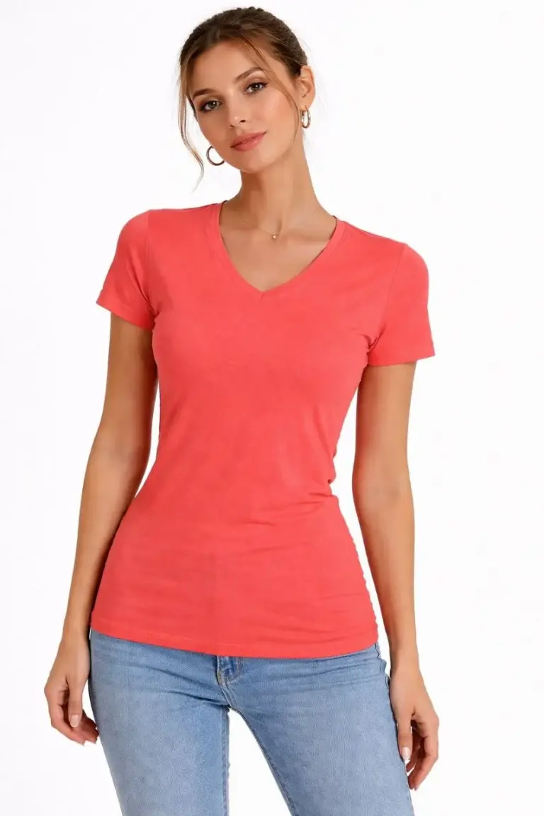 T-Shirt V Yaka Slim Fit Likralı Tişört Yazlık Basic Body - Nar Çiçeği