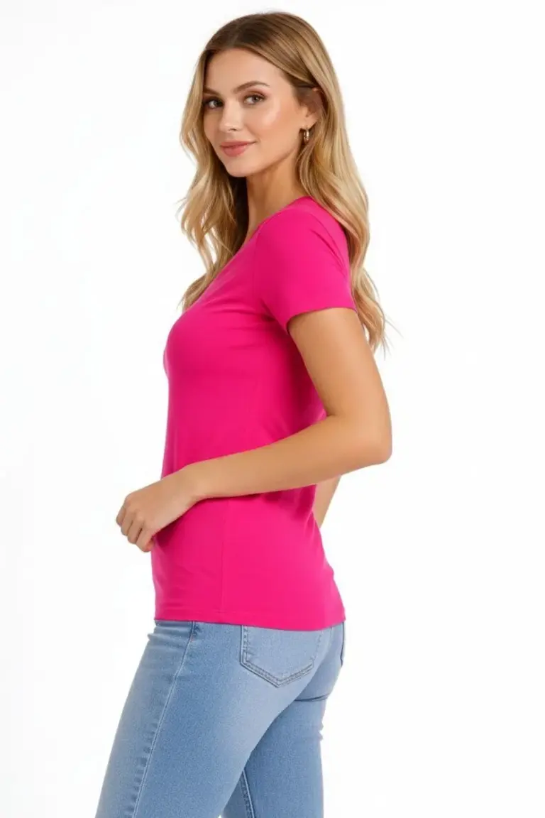 T-Shirt V Yaka Slim Fit Likralı Tişört Yazlık Basic Body - Pembe