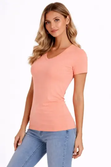 T-Shirt V Yaka Slim Fit Likralı Tişört Yazlık Basic Body - Toz Pembe