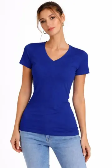 T-Shirt V Yaka Slim Fit Likralı Tişört Yazlık Basic Body - İndigo