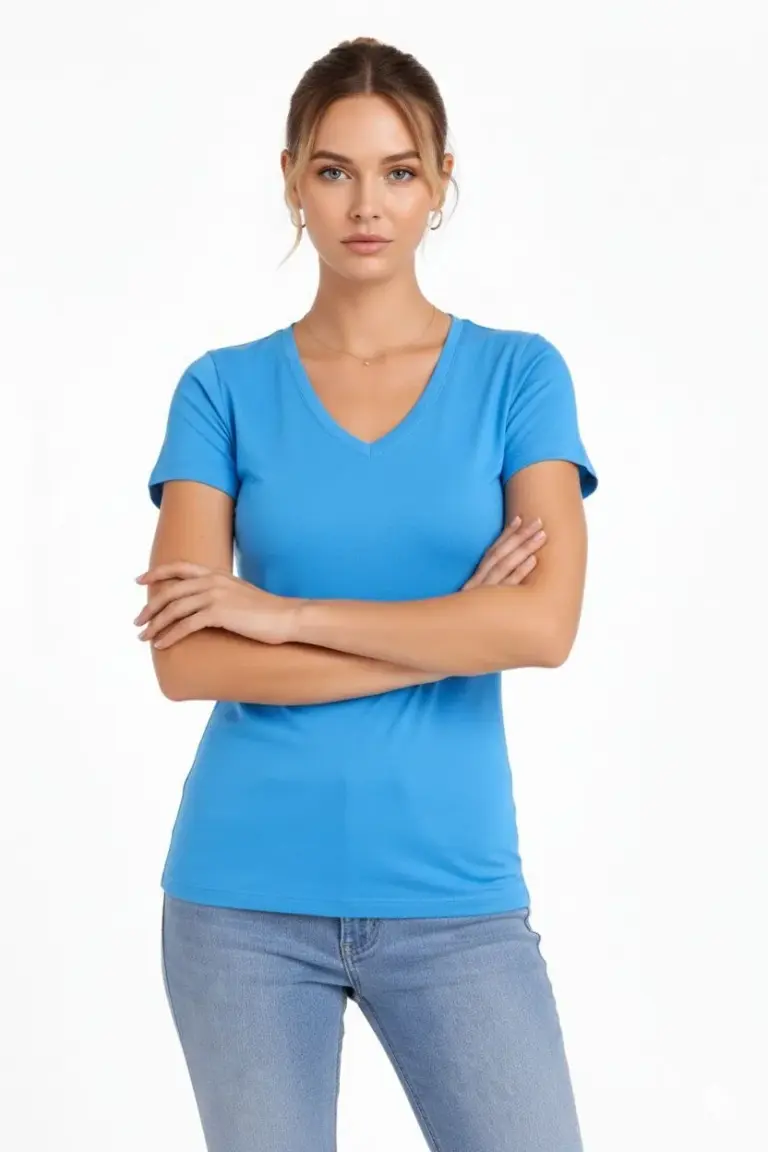 T-Shirt V Yaka Slim Fit Likralı Tişört Yazlık Basic Body - Açık Mavi