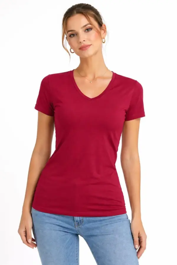 T-Shirt V Yaka Slim Fit Likralı Tişört Yazlık Basic Body - Bordo