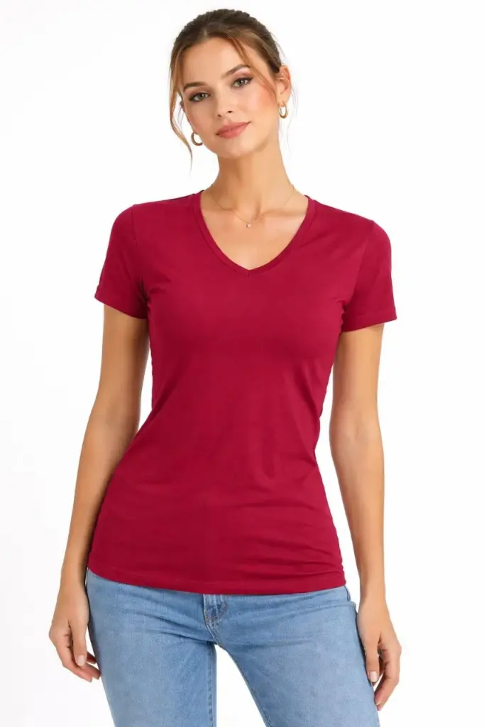 T-Shirt V Yaka Slim Fit Likralı Tişört Yazlık Basic Body - Bordo