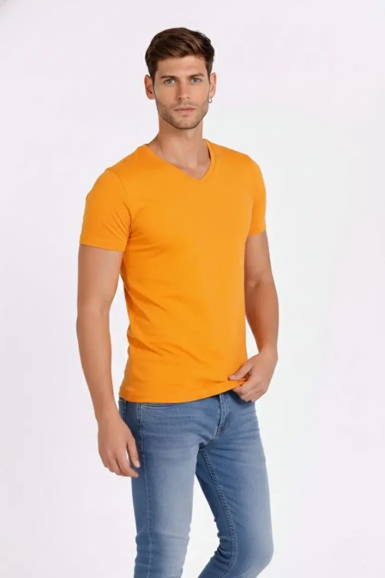 Body T-shirt V Yaka Slim Fit Likralı Kısa kol Tişört - Sarı