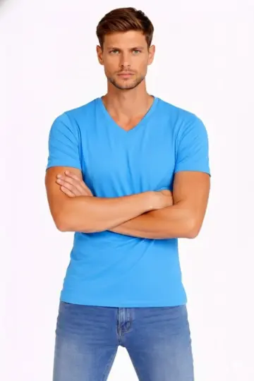 Body T-shirt V Yaka Slim Fit Likralı Kısa kol Tişört - Açık Mavi