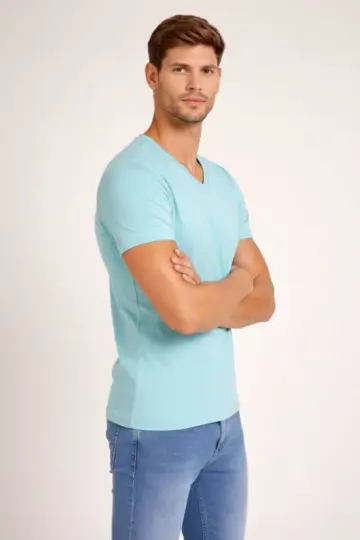 Body T-shirt V Yaka Slim Fit Likralı Kısa kol Tişört - Turkuvaz