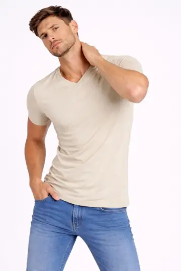 Body T-shirt V Yaka Slim Fit Likralı Kısa kol Tişört - Taş