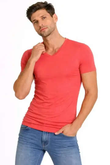 Body T-shirt V Yaka Slim Fit Likralı Kısa kol Tişört - Nar Çiçeği