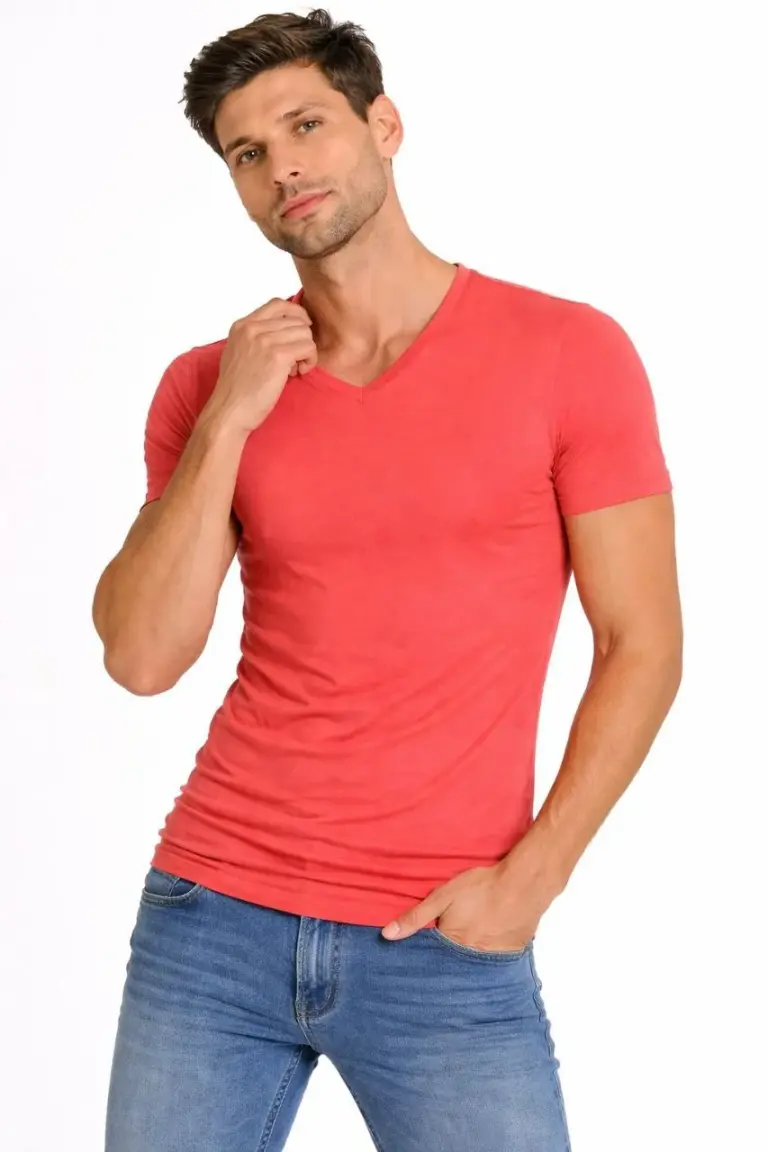 Body T-shirt V Yaka Slim Fit Likralı Kısa kol Tişört - Nar Çiçeği