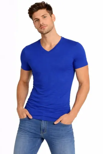 Body T-shirt V Yaka Slim Fit Likralı Kısa kol Tişört - Saks Mavisi