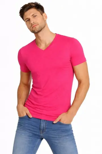 Body T-shirt V Yaka Slim Fit Likralı Kısa kol Tişört - Pembe