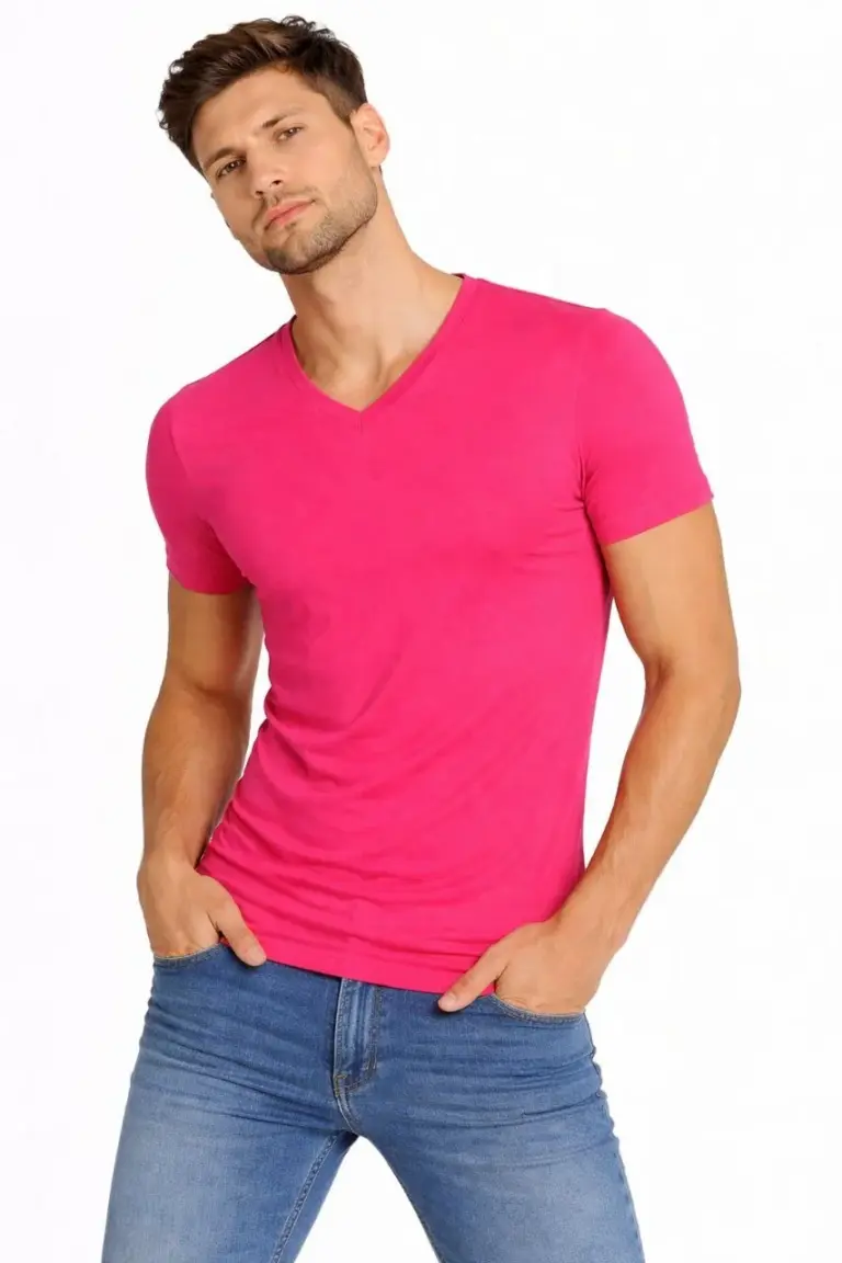 Body T-shirt V Yaka Slim Fit Likralı Kısa kol Tişört - Pembe