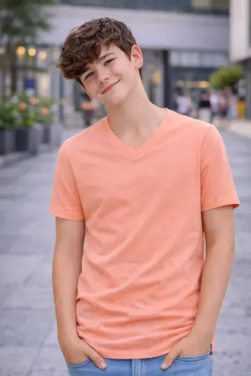 Genç Erkek Çocuk V Yaka Tişört Model - Toz Pembe