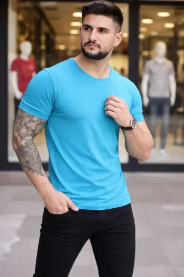 Body Tişört Bisiklet Yaka Slim Fit Likralı T-Shirt - Açık Mavi