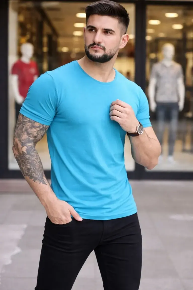Body Tişört Bisiklet Yaka Slim Fit Likralı T-Shirt - Açık Mavi