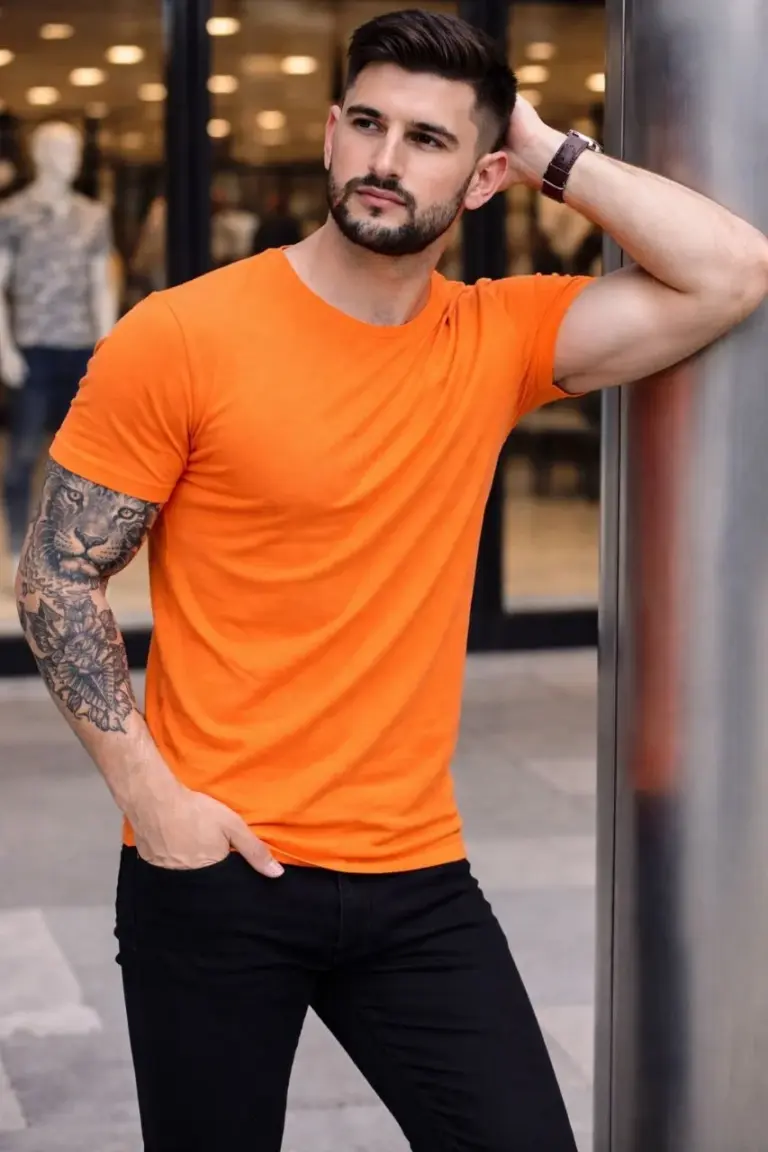 Body Tişört Bisiklet Yaka Slim Fit Likralı T-Shirt - Turuncu