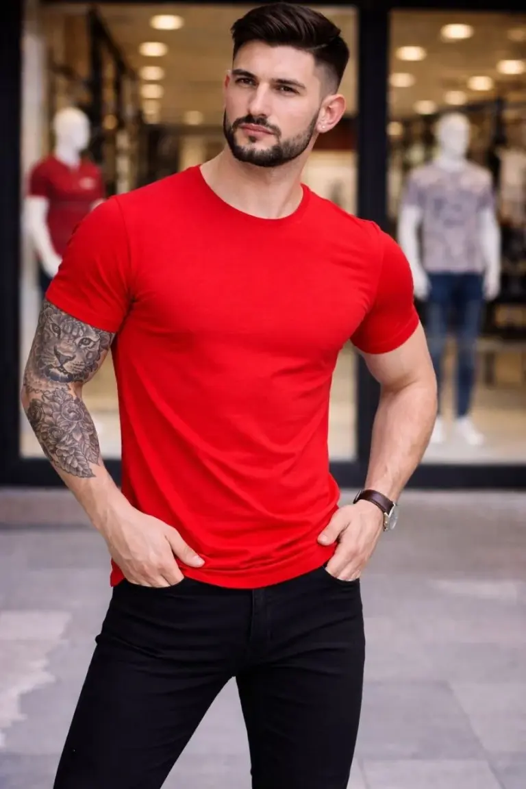 Body Tişört Bisiklet Yaka Slim Fit Likralı T-Shirt -  Kırmızı