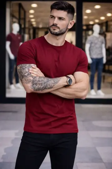 Body Tişört Bisiklet Yaka Slim Fit Likralı T-Shirt - Bordo