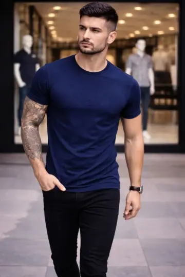 Body Tişört Bisiklet Yaka Slim Fit Likralı T-Shirt - Lacivert