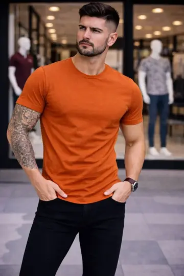 Body Tişört Bisiklet Yaka Slim Fit Likralı T-Shirt - Koyu Turuncu