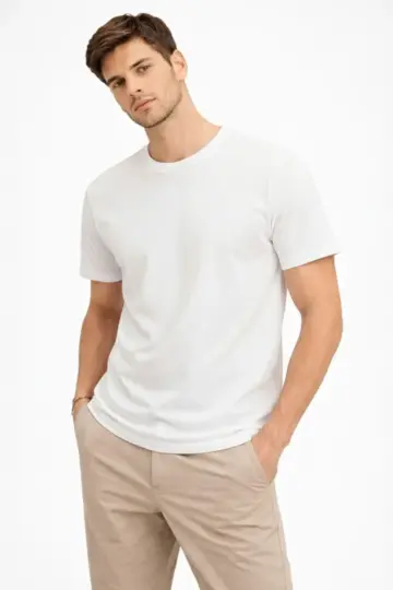 Bisiklet Yaka Yazlık Kısa kol Düz Tişört Regular Kalıp T-shirt - Beyaz