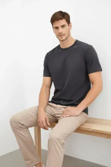 Bisiklet Yaka Yazlık Kısa kol Düz Tişört Regular Kalıp T-shirt - Füme