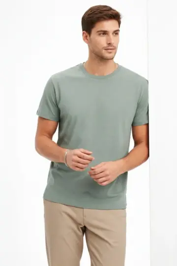 Bisiklet Yaka Yazlık Kısa kol Düz Tişört Regular Kalıp T-shirt - Mint Yeşili