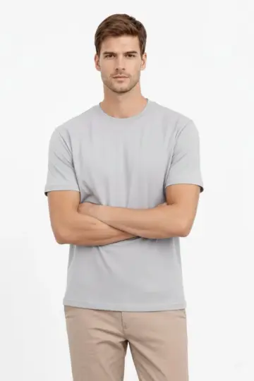 Bisiklet Yaka Yazlık Kısa kol Düz Tişört Regular Kalıp T-shirt - Gri