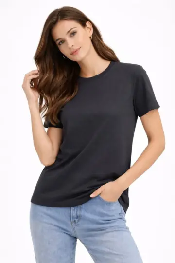 Bisiklet Yaka Yazlık Kısa kol Düz Tişört Regular Kalıp T-shirt - Füme