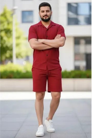 Waffle Kumaş Kısa Kol Gömlek Şort Takım Regular Yazlık İkili Set - Bordo