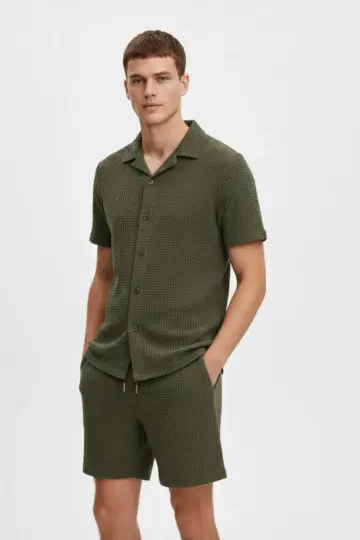 Waffle Kumaş Kısa Kol Gömlek Şort Takım Regular Yazlık İkili Set - Haki