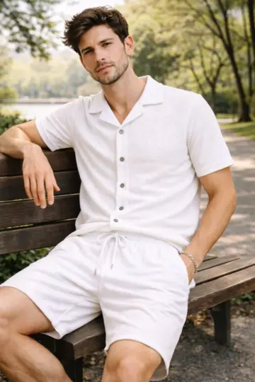 Waffle Kumaş Kısa Kol Gömlek Şort Takım Regular Yazlık İkili Set - Beyaz